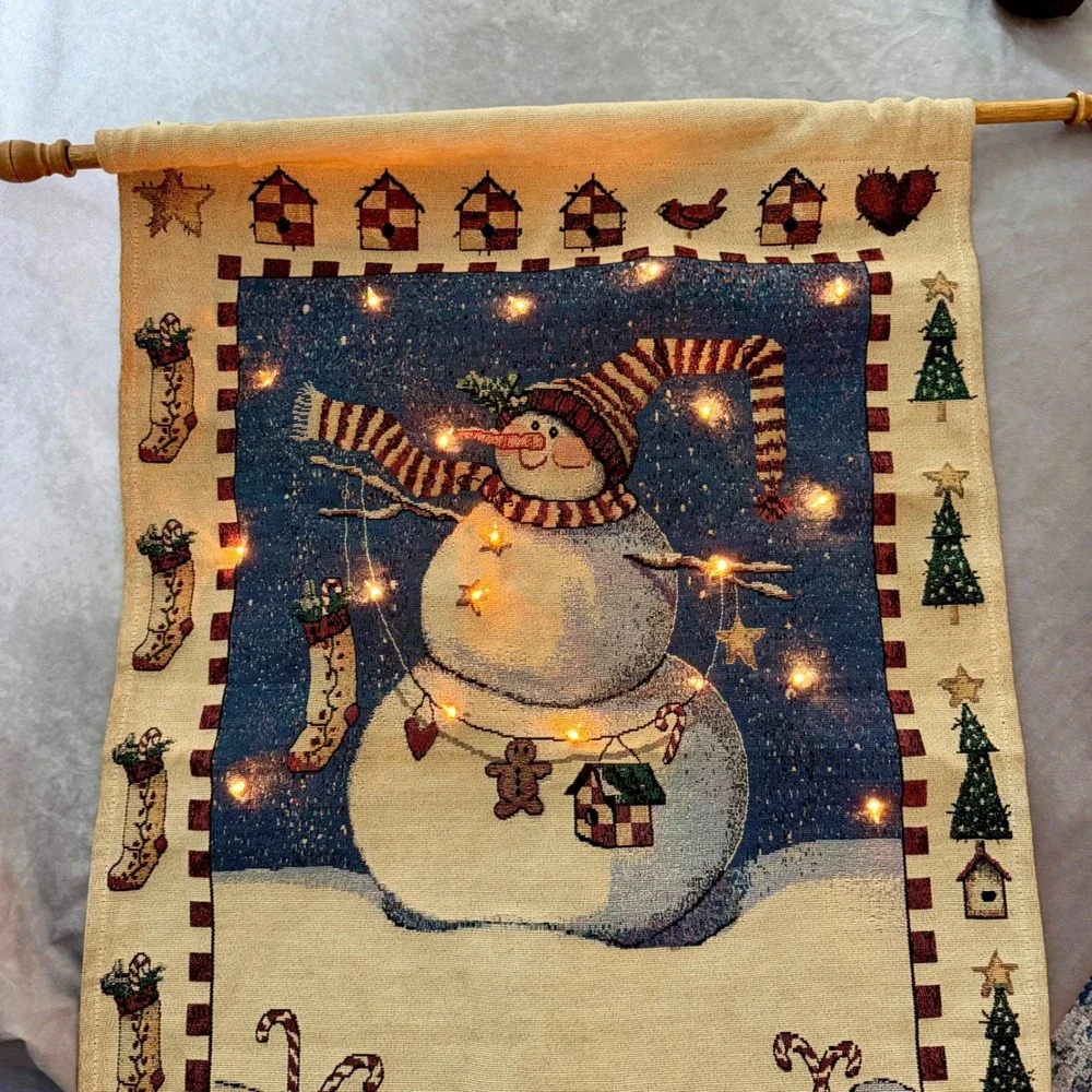 Sandi Gore Evans Peppermint Hill Lighted Woven Tapestry Wall Hanging Snowman 35